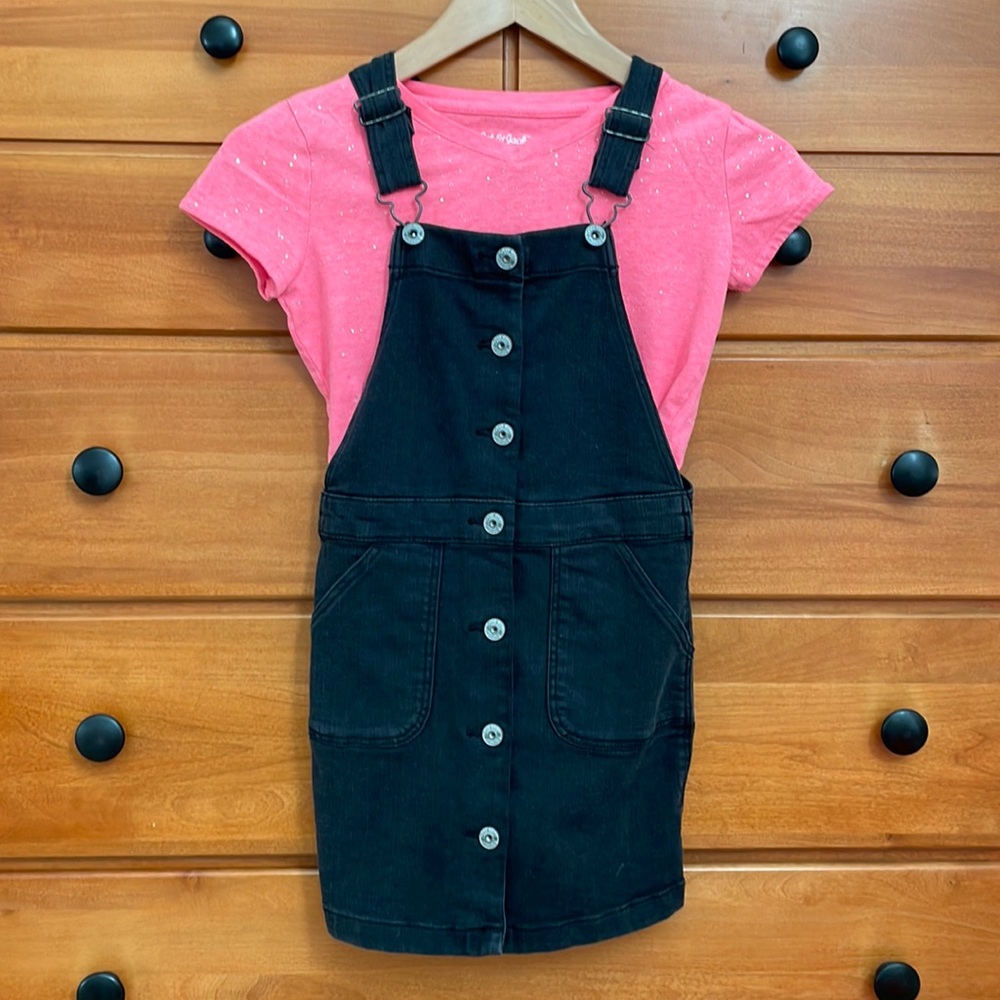 Osh kosh black overall dress- size 7 with detached cat and jack shirt
